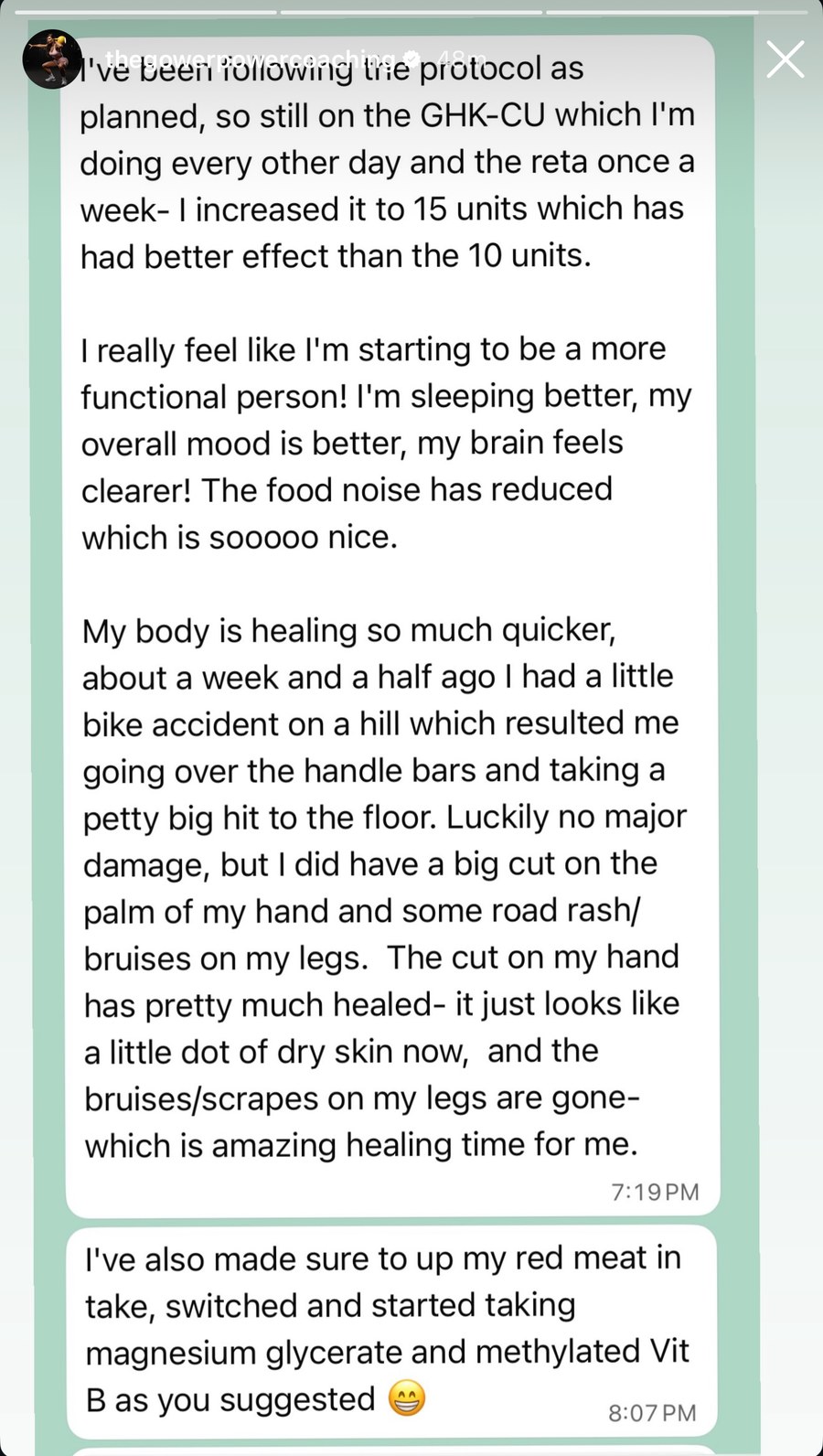 Written update from a client of Danielle&rsquo;s: sleeping better, mood better, brain clearer, food noise reduced, a bike accident cut healed quickly