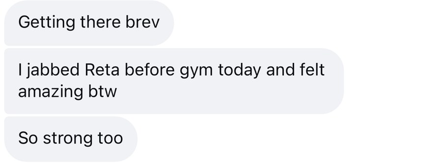 Instagram message from Madison: jabbed Reta before the gym and felt amazing, so strong too