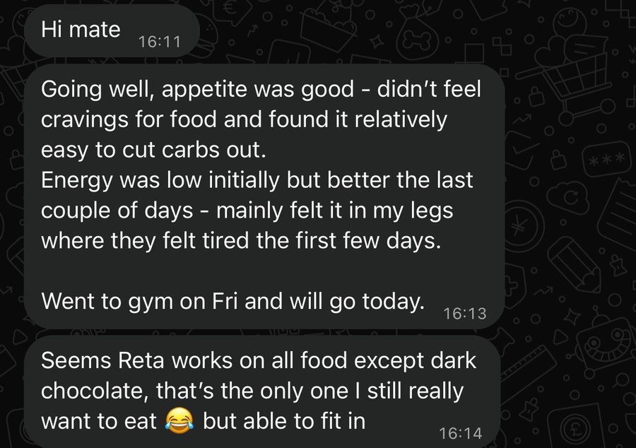 WhatsApp check-in from Shantanu: appetite good, no cravings for food, easy to cut carbs, only dark chocolate still tempting