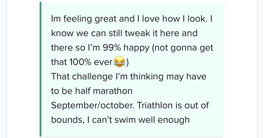 TrueCoach check-in: feeling great, loves how she looks, 99 percent happy